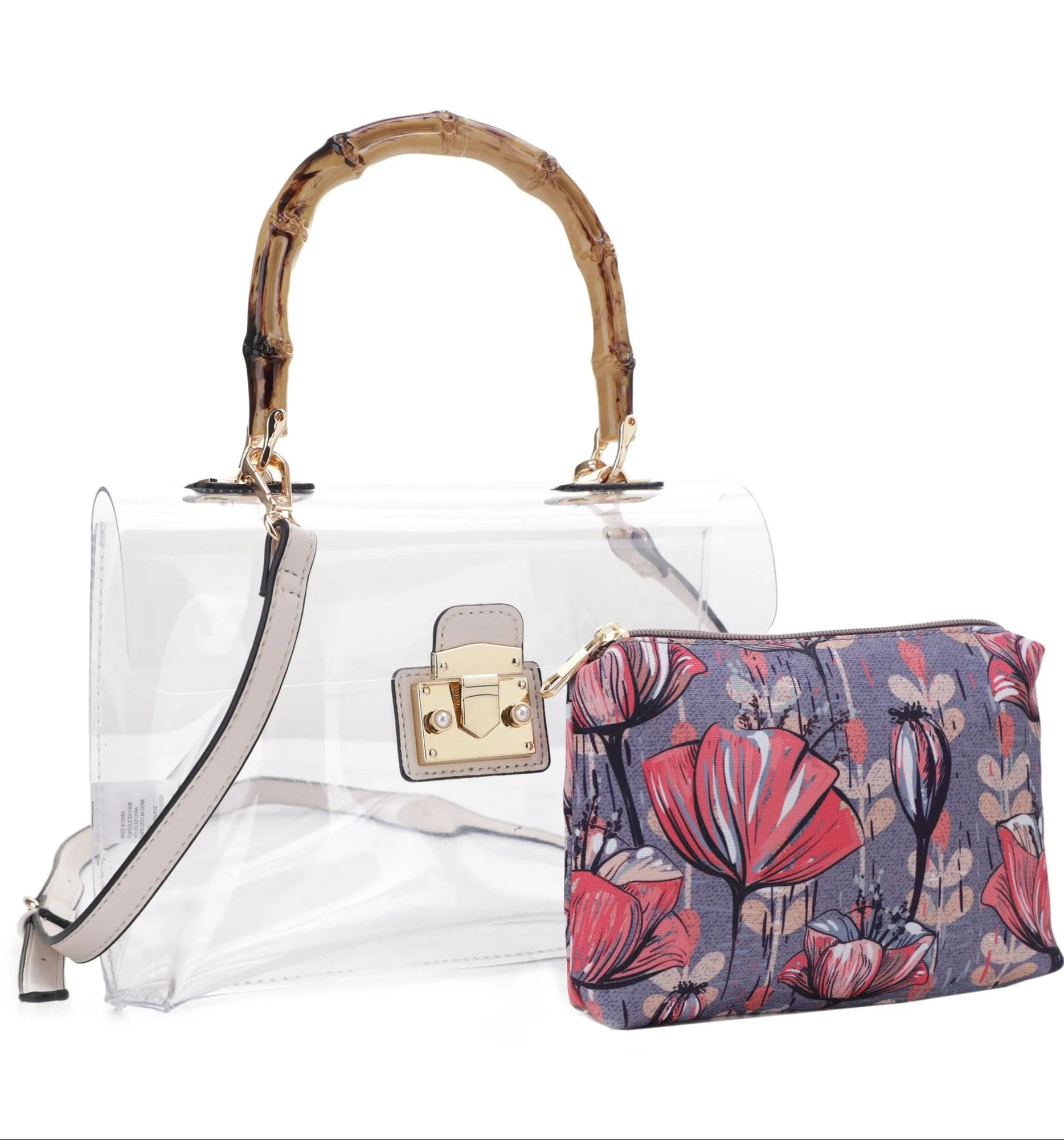 CR20412 Viviana Bamboo Handle Clear Satchel Crossbody With Pouch